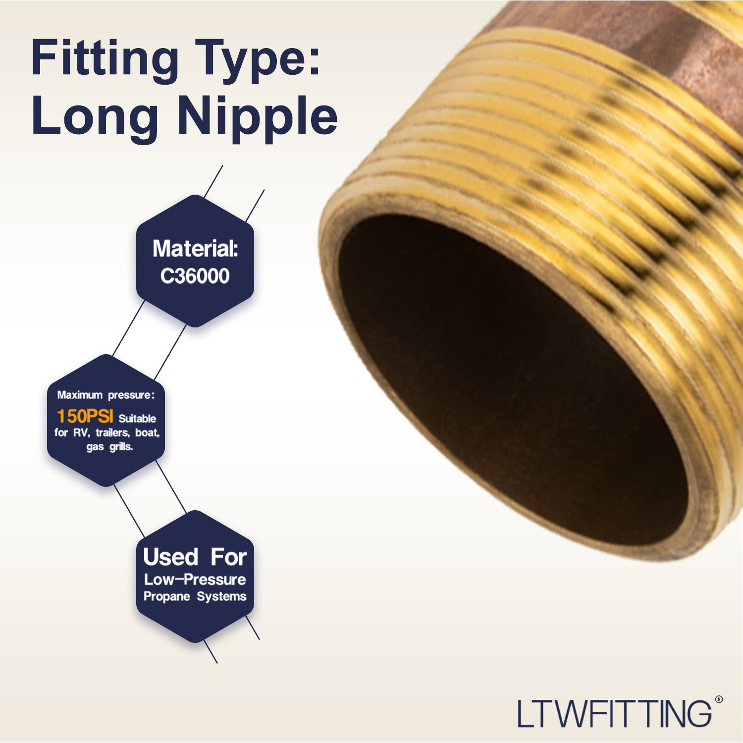 LTWFITTING Brass Pipe 2 Inch Long Nipples Fitting 1-1/2 Inch Male NPT Air Water(Pack of 10)