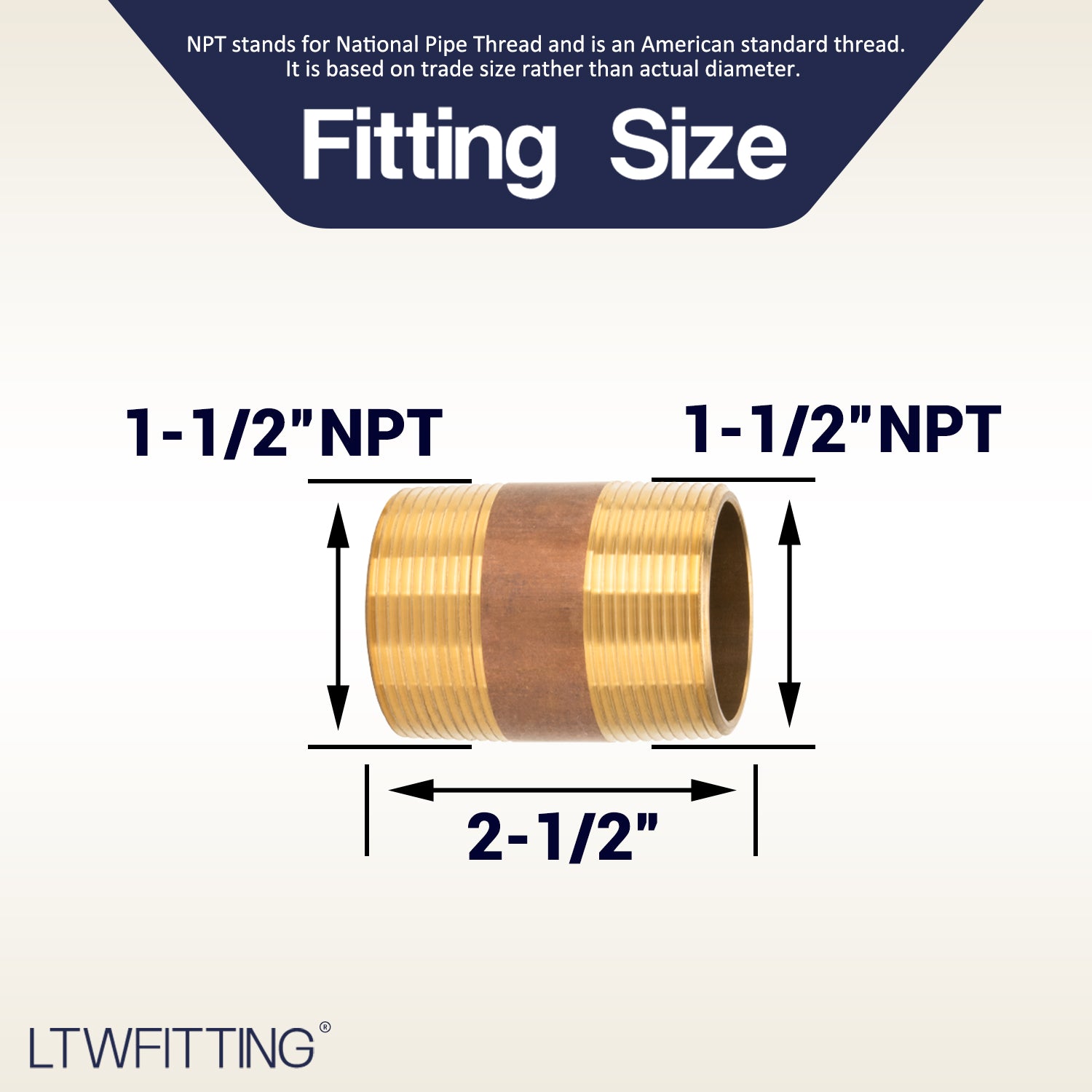 LTWFITTING Brass Pipe 2-1/2 Inch Long Nipples Fitting 1-1/2 Inch Male NPT Air Water(Pack of 2)