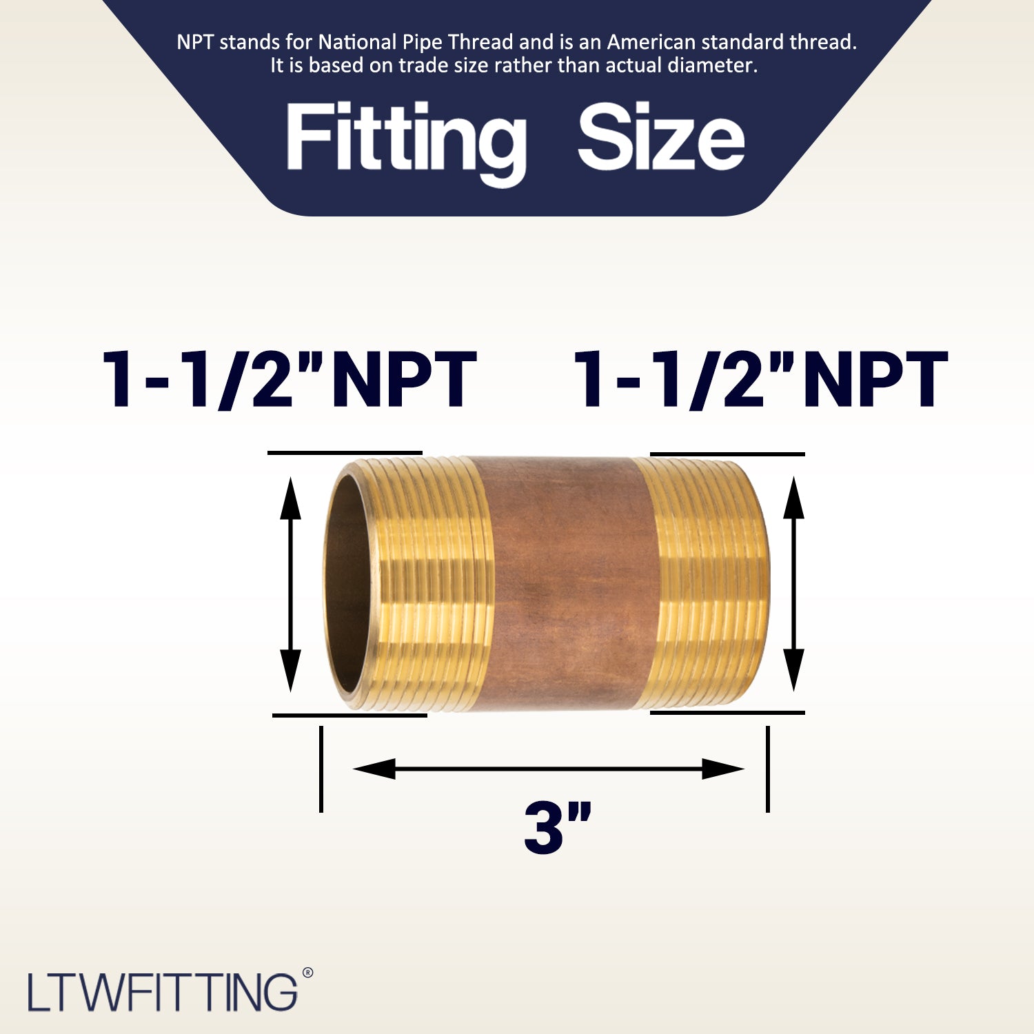 LTWFITTING Brass Pipe 3 Inch Long Nipple Fitting 1-1/2 Inch Male NPT Air Water(Pack of 5)