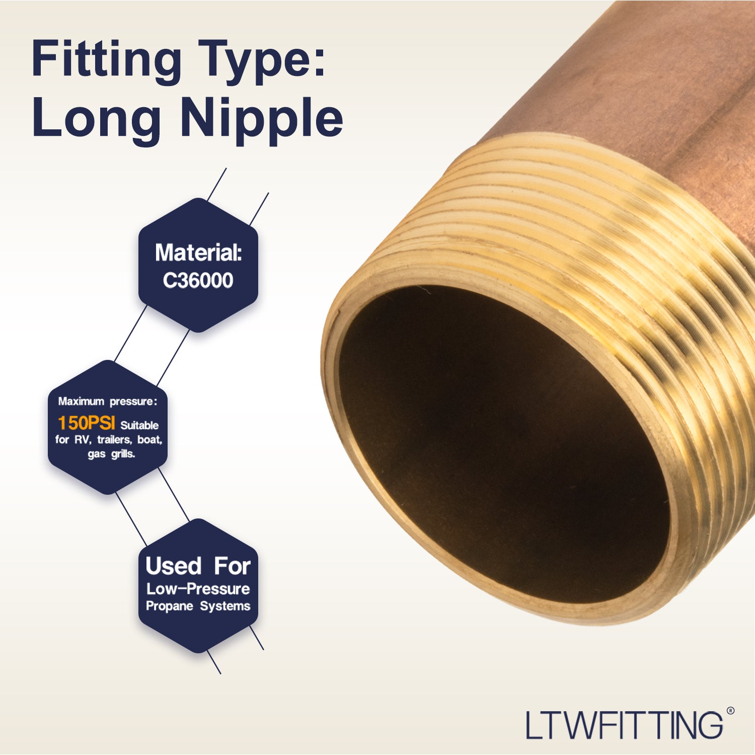 LTWFITTING Brass Pipe 3 Inch Long Nipple Fitting 1-1/2 Inch Male NPT Air Water(Pack of 1)