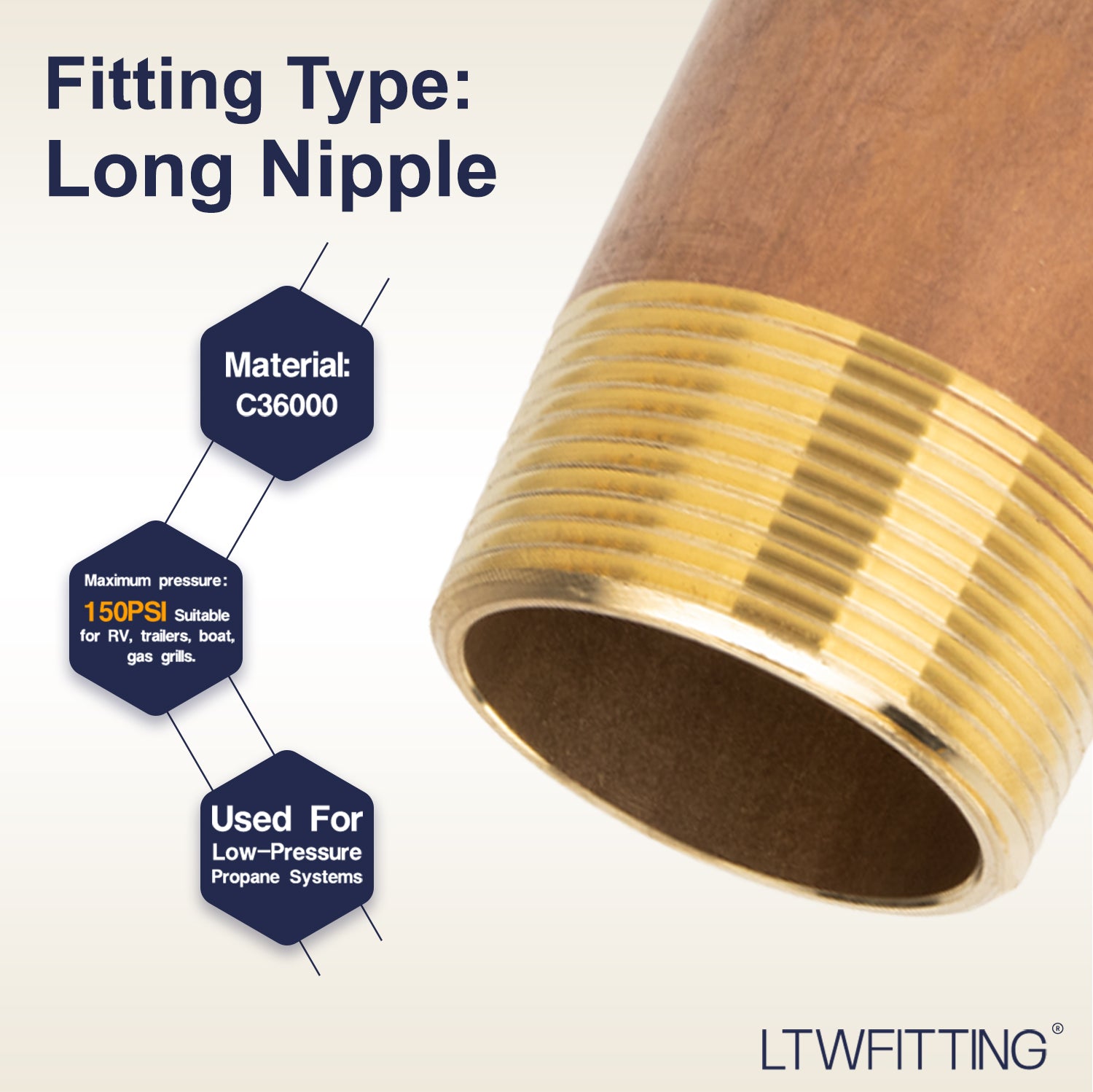 LTWFITTING Brass Pipe 3-1/2 Inch Long Nipple Fitting 1-1/2 Inch Male NPT Air Water(Pack of 5)