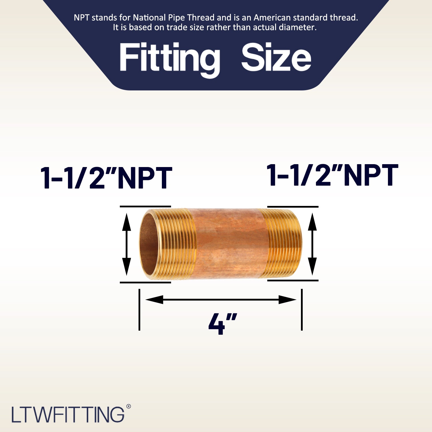 LTWFITTING Brass Pipe 4 Inch Long Nipple Fitting 1-1/2 Inch Male NPT Air Water(Pack of 1)
