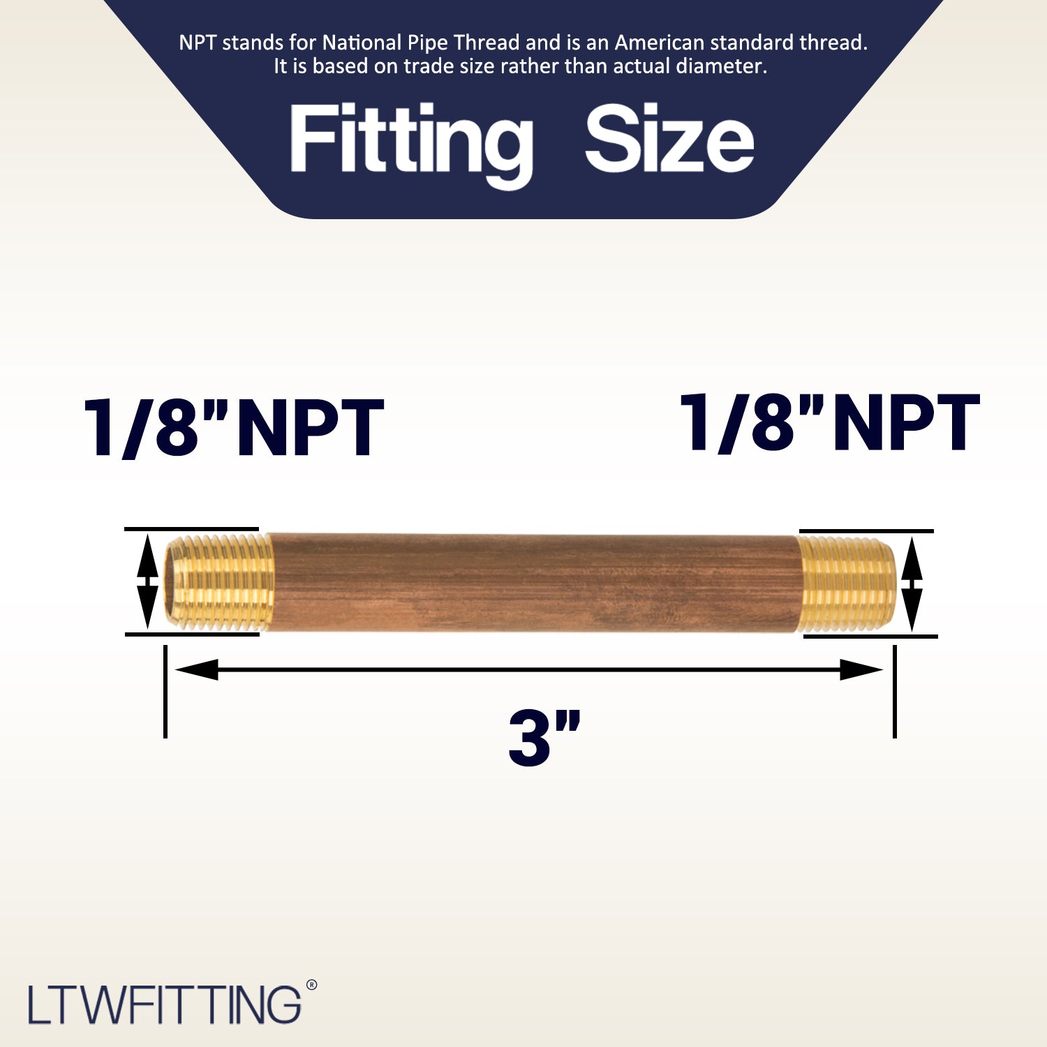 LTWFITTING Brass Pipe 3 Inch Long Nipple Fitting 1/8 Male NPT Air Water(Pack of 25)