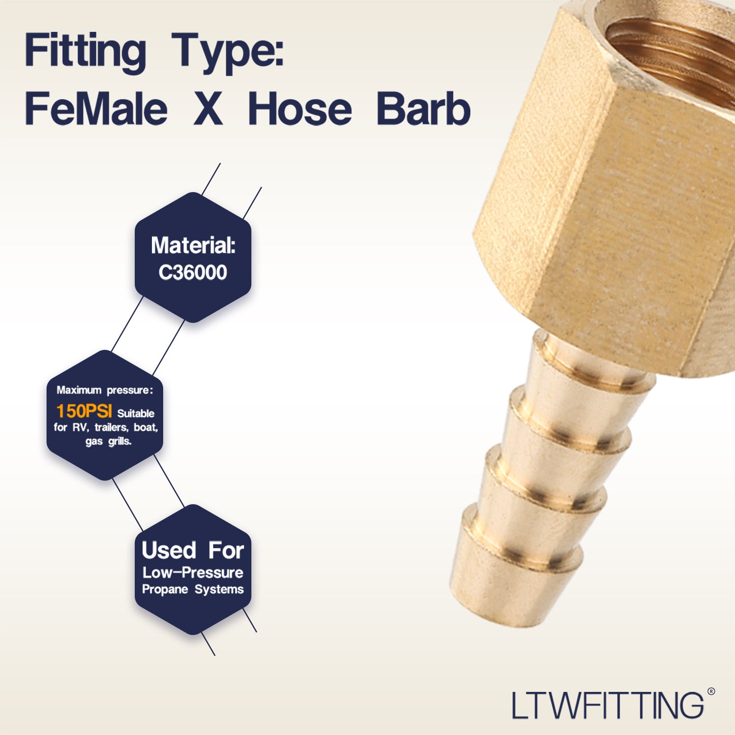 LTWFITTING Brass Fitting Coupler 1/4-Inch Hose Barb x 1/4-Inch Female NPT Fuel Water Boat(Pack of 25)