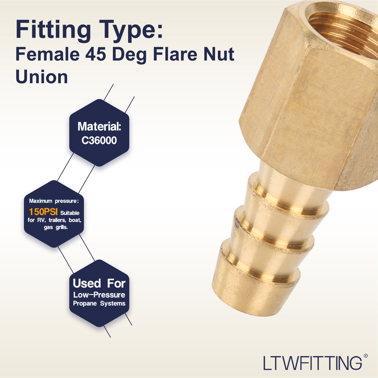 LTWFITTING Brass Flare Tube Fitting 3/8 Inch Hose ID x 5/16 Inch Female 45 Deg Nut Union (Pack of 5)