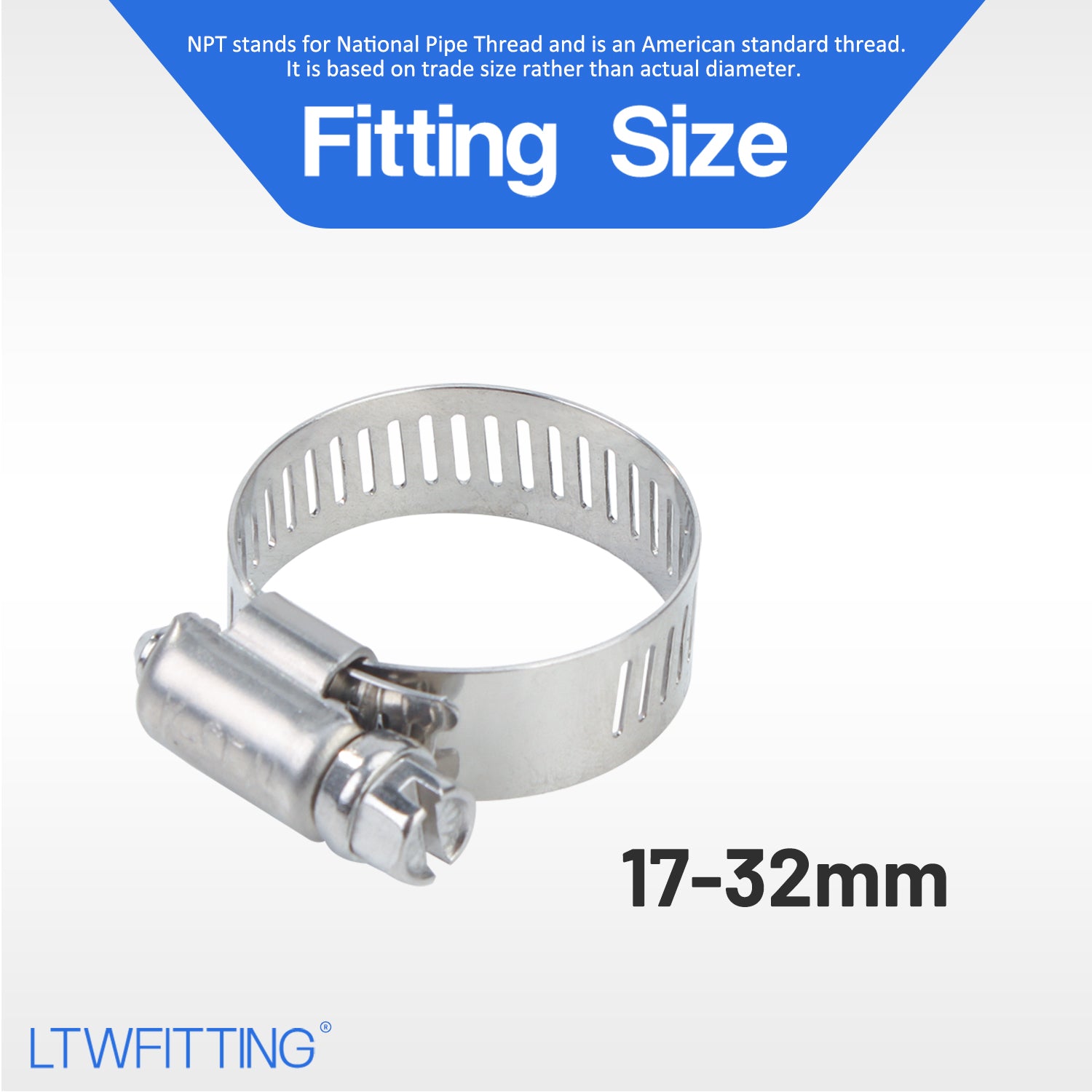 LTWFITTING 17-32mm Stainless Steel 316 Hose Clamp, Adjustable Worm Gear Clamps for Automotive Radiator Fuel Line Plumbing Intercooler and Mechanical Applications (Pack of 250)