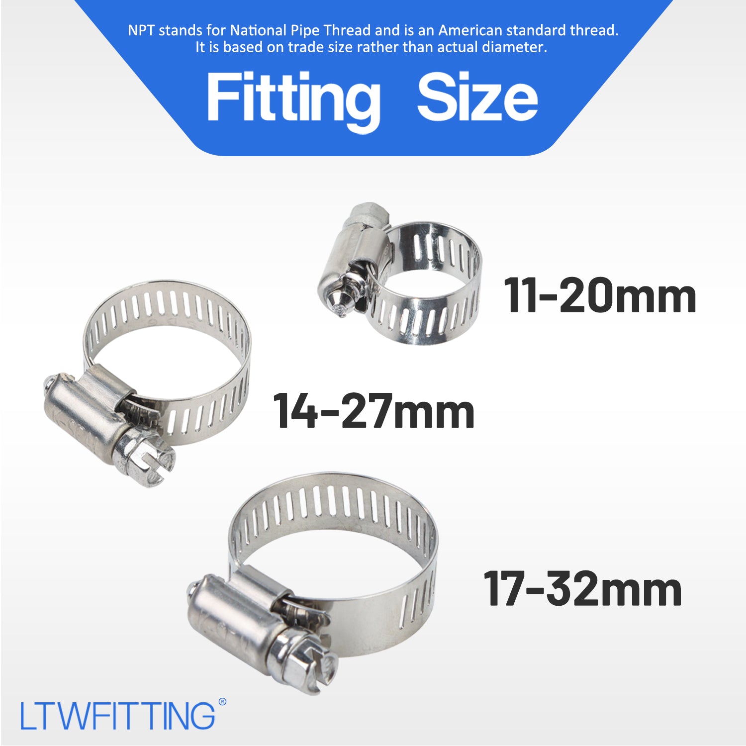 LTWFITTING 11-20mm 14-27mm 17-32mm Stainless Steel 316 Hose Clamp Set, Adjustable Worm Gear Clamps for Automotive Radiator Fuel Line Plumbing Intercooler and Mechanical Applications (Pack of 60)