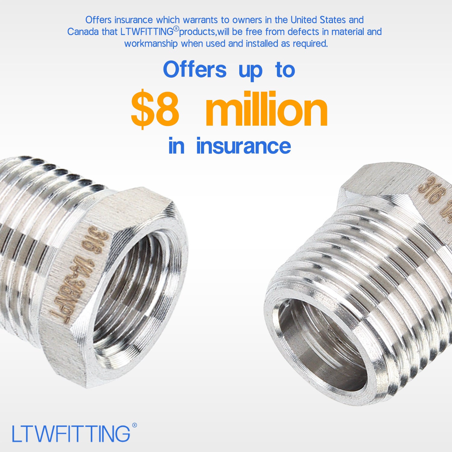 LTWFITTING Bar Production Stainless Steel 316 Pipe Hex Bushing Reducer Fittings 3/8 Inch Male x 1/4 Inch Female NPT Fuel Water Boat (Pack of 25)