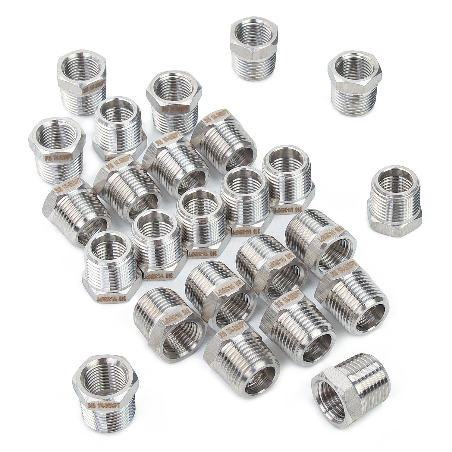 LTWFITTING Bar Production Stainless Steel 316 Pipe Hex Bushing Reducer Fittings 3/8 Inch Male x 1/4 Inch Female NPT Fuel Water Boat (Pack of 25)
