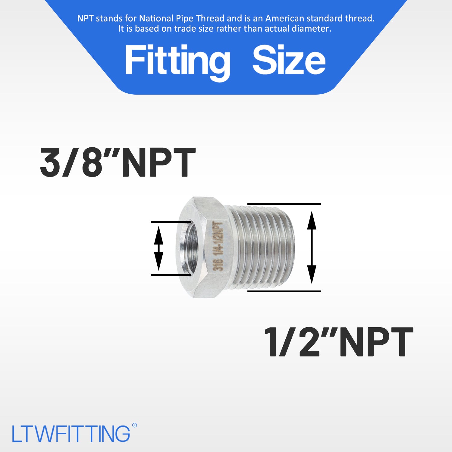 LTWFITTING Bar Production Stainless Steel 316 Pipe Hex Bushing Reducer Fittings 1/2 Inch Male x 3/8 Inch Female NPT Fuel Water Boat (Pack of 400)