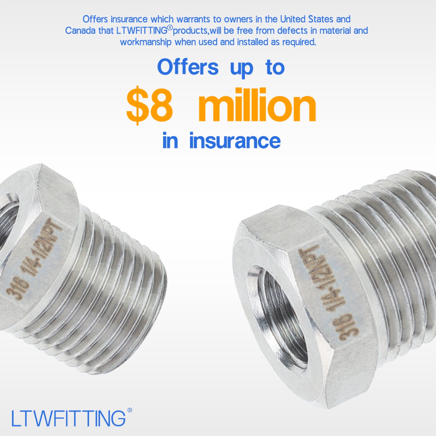 LTWFITTING Bar Production Stainless Steel 316 Pipe Hex Bushing Reducer Fittings 1/2 Inch Male x 3/8 Inch Female NPT Fuel Water Boat (Pack of 400)