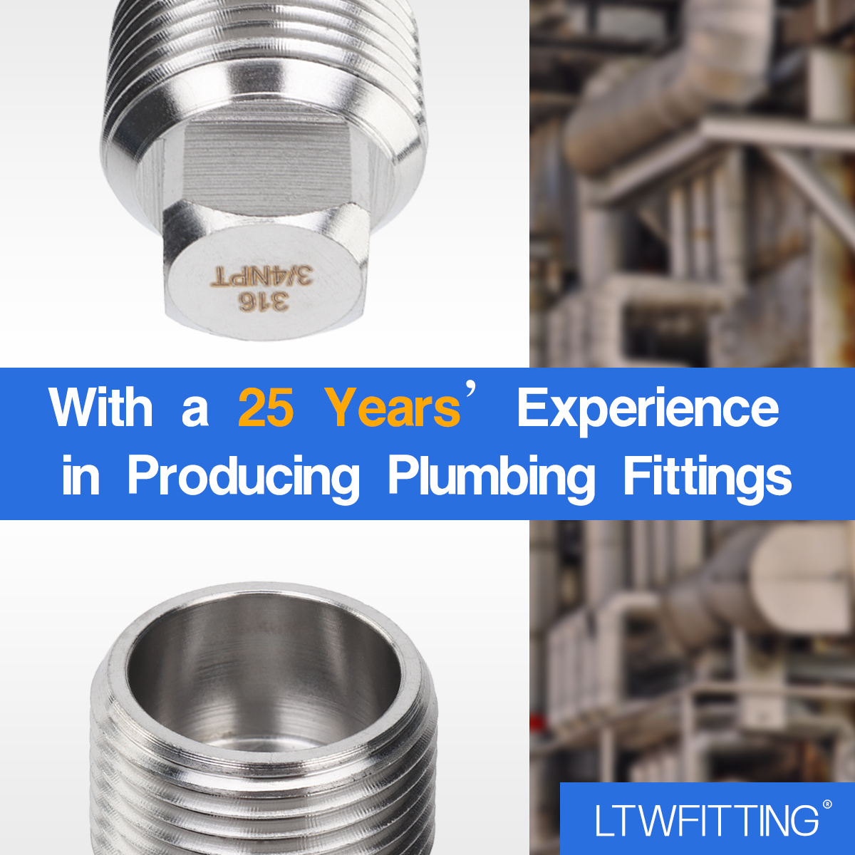 LTWFITTING Stainless Steel 316 Pipe Square Head Plug Fittings 3/4-Inch Male NPT Air Fuel Water Boat(Pack of 5)