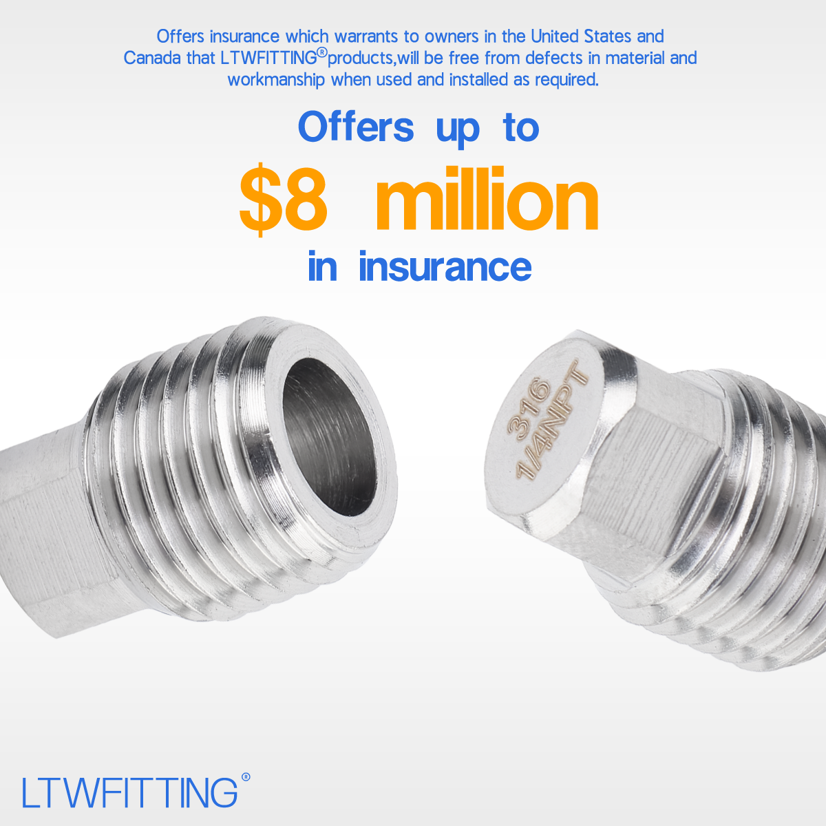 LTWFITTING Stainless Steel 316 Pipe Square Head Plug Fittings 1/4-Inch Male NPT Air Fuel Water Boat(Pack of 10)