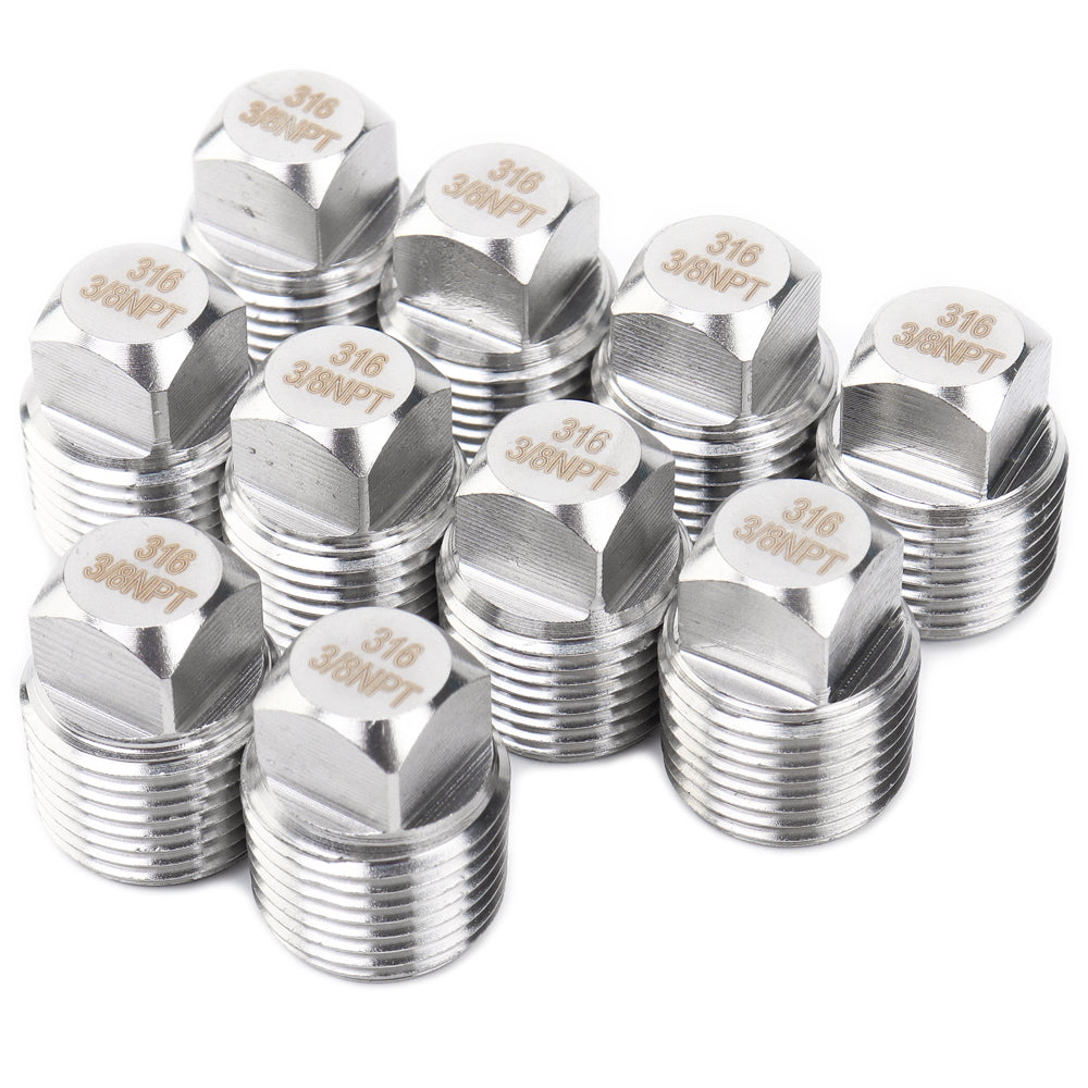 LTWFITTING Stainless Steel 316 Pipe Square Head Plug Fittings 3/8-Inch Male NPT Air Fuel Water Boat(Pack of 10)