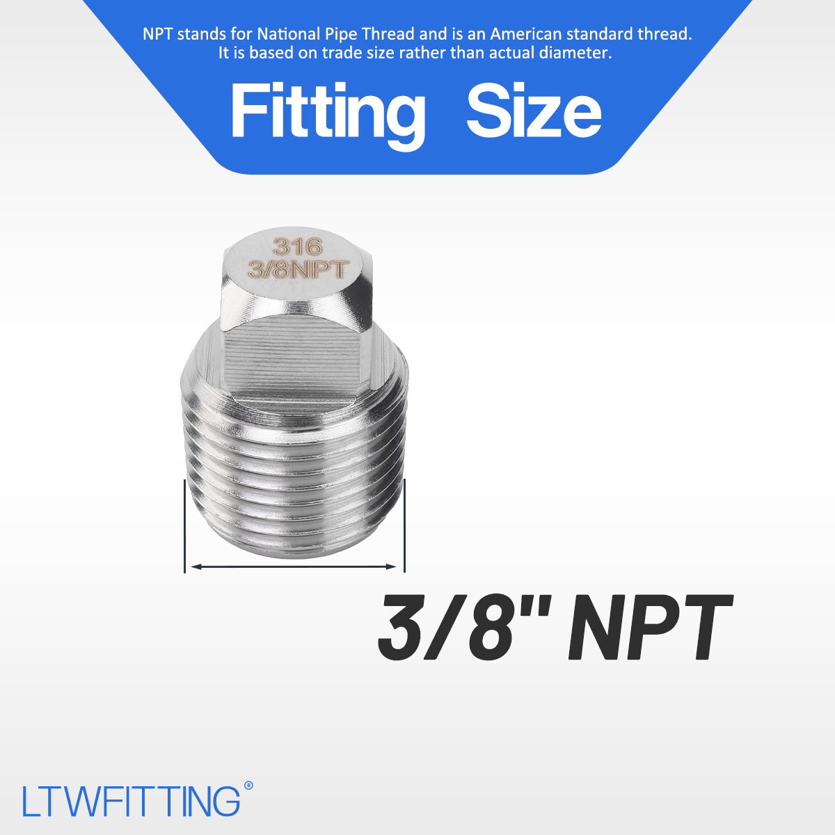 LTWFITTING Stainless Steel 316 Pipe Square Head Plug Fittings 3/8-Inch Male NPT Air Fuel Water Boat(Pack of 250)