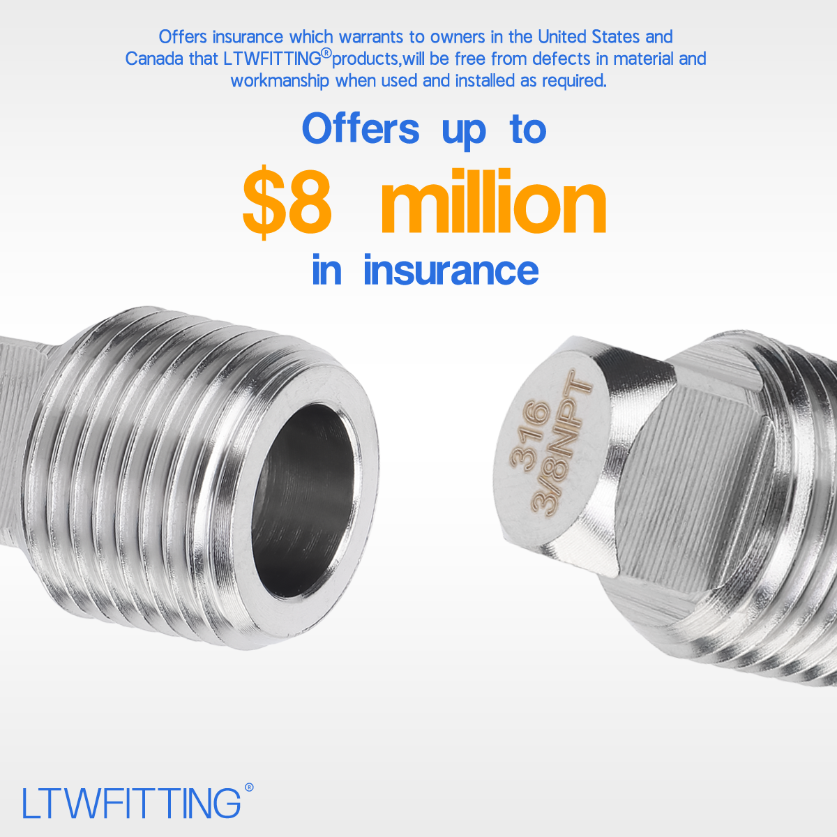 LTWFITTING Stainless Steel 316 Pipe Square Head Plug Fittings 3/8-Inch Male NPT Air Fuel Water Boat(Pack of 250)
