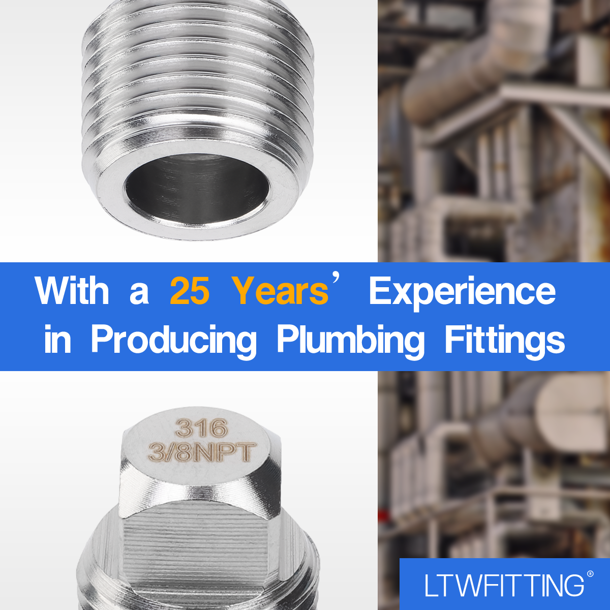 LTWFITTING Stainless Steel 316 Pipe Square Head Plug Fittings 3/8-Inch Male NPT Air Fuel Water Boat(Pack of 250)
