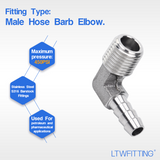 LTWFITTING 90 Degree Elbow Stainless Steel 316 Barb Fitting 1/4-Inch ID Hose x 1/4-Inch Male NPT Air(Pack of 5)