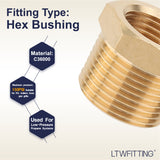 LTWFITTING Brass Hex Pipe Bushing Reducer Fittings 3/4 Inch Male x 1/2 Inch Female NPT (Pack of 5)