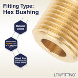 LTWFITTING Brass Pipe Hex Bushing Reducer Fittings 3/8 Inch Male x 1/8 Inch Female NPT Fuel(Pack of 30)