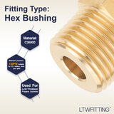 LTWFITTING Brass Pipe Hex Bushing Reducer Fittings 1/2 Inch Male x 1/8 Inch Female NPT(Pack of 5)