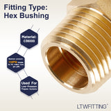 LTWFITTING Brass Pipe Hex Bushing Reducer Fittings 1/2 Inch Male x 3/8 Inch Female NPT(Pack of 5)