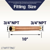 LTWFITTING Red Brass Pipe Fitting, Nipple, 3/4 Inch NPT Male X 10 Inch Length (Pack of 4)