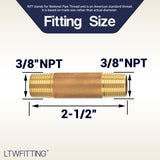 LTWFITTING Brass Pipe 2-1/2 Inch Long Nipple Fitting 3/8 Male NPT Air Water(Pack of 5)