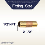 LTWFITTING Brass Pipe 2-1/2 Inch Long Nipple Fitting 1/2 Male NPT Air Water(Pack of 5)