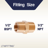 LTWFITTING Brass Pipe Hex Nipple Fitting 1/2 inch NPT x 1/2 inch BSPT Male (Pack of 25)