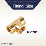 LTWFITTING Brass Pipe Fitting 1/2 Inch Female NPT Thread Tee Fuel Air(Pack of 5)