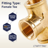 LTWFITTING Brass Pipe Fitting 1/2 Inch Female NPT Thread Tee Fuel Air(Pack of 70)
