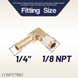 LTWFITTING 90 Degree Elbow Brass Barb Fitting 1/4 ID Hose x 1/8-Inch Male NPT Adapter with sealant (Pack of 10)