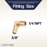 LTWFITTING 90 Degree Elbow Brass Barb Fitting 3/8 ID Hose x 1/4-Inch Male NPT Air Gas (Pack of 5)