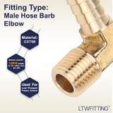 LTWFITTING 90 Degree Elbow Brass Barb Fitting 3/8 ID Hose x 1/4-Inch Male NPT Air Gas (Pack of 5)
