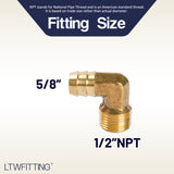 LTWFITTING 90 Degree Elbow Brass Barb Fitting 5/8 ID Hose x 1/2-Inch Male NPT Fuel Boat Air(Pack of 20)
