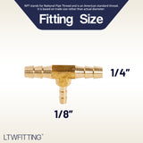 LTWFITTING Brass Barb Tee Fitting 1/4 inch x 1/4 inch x 1/8 inch ID Hose for Water Fuel Boat (Pack of 5)