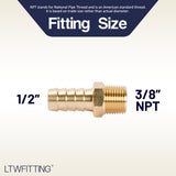 LTWFITTING Brass Fitting Connector 1/2-Inch Hose Barb x 3/8-Inch NPT Male Fuel Gas Water(Pack of 5)