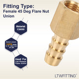 LTWFITTING Brass Flare Tube Fitting 3/8 Inch Hose ID x 5/16 Inch Female 45 Deg Nut Union (Pack of 5)