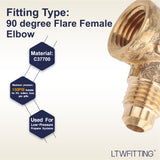 LTWFITTING Brass 1/4 Inch OD x 1/4 Inch Female NPT 45 Deg Flare 90 Degree Flare Elbow Tube Fitting(Pack of 250)