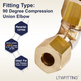 LTWFITTING 1/4 inch OD 90 Degree Compression Union Elbow,Brass Compression Fitting(Pack of 5)