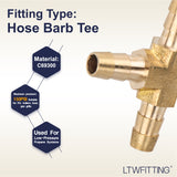 LTWFITTING Lead Free Brass Barb Tee Fitting 5/16 Inch ID Hose for Water Fuel Boat (Pack of 5)