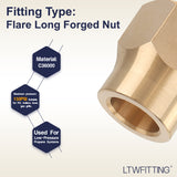 LTWFITTING Brass 5/8 Inch OD 45 Degree Flare Long Forged Nut,Brass Flare Tube Fitting(Pack of 100)