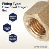 LTWFITTING Brass 1/4 Inch OD Flare Short Forged Nut,Brass Flare Tube Fitting(Pack of 5)