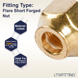 LTWFITTING Brass 3/8 Inch OD Flare Short Forged Nut,Brass Flare Tube Fitting(Pack of 30)