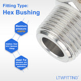 LTWFITTING Bar Production Stainless Steel 316 Pipe Hex Bushing Reducer Fittings 3/8 Inch Male x 1/8 Inch Female NPT Fuel Water Boat (Pack of 5)
