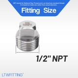 LTWFITTING Stainless Steel 316 Pipe Square Head Plug Fittings 1/2-Inch Male NPT Air Fuel Water Boat(Pack of 200)