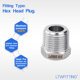 LTWFITTING Stainless Steel 316 Pipe Hex Head Plug Fittings 3/8-Inch Male NPT Air Fuel Water Boat(Pack of 10)