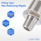 LTWFITTING Bar Production Stainless Steel 316 Pipe Hex Reducing Nipple Fitting 3/8 Inch x 1/8 Inch Male NPT Water Boat (Pack of 5)
