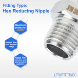 LTWFITTING Bar Production Stainless Steel 316 Pipe Hex Reducing Nipple Fitting 3/8 Inch x 1/4 Inch Male NPT Water Boat (Pack of 25)
